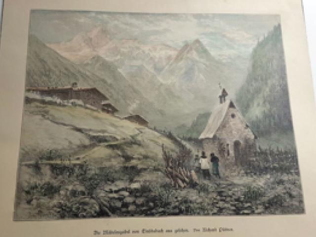 Holzstich antik Mädelesgabel Allgäu Alpen Kapelle Xylographie Alm Hütte Grafik Allgäu Alpen - 1